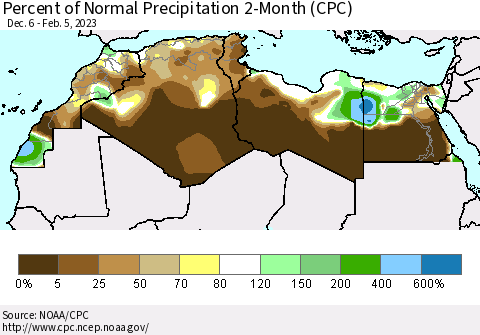 North Africa Percent of Normal Precipitation 2-Month (CPC) Thematic Map For 12/6/2022 - 2/5/2023