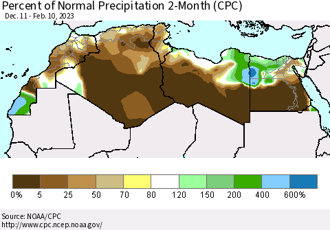 North Africa Percent of Normal Precipitation 2-Month (CPC) Thematic Map For 12/11/2022 - 2/10/2023