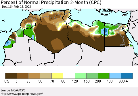North Africa Percent of Normal Precipitation 2-Month (CPC) Thematic Map For 12/16/2022 - 2/15/2023