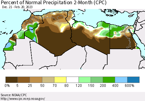 North Africa Percent of Normal Precipitation 2-Month (CPC) Thematic Map For 12/21/2022 - 2/20/2023