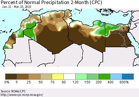 North Africa Percent of Normal Precipitation 2-Month (CPC) Thematic Map For 1/11/2023 - 3/10/2023