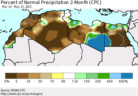 North Africa Percent of Normal Precipitation 2-Month (CPC) Thematic Map For 3/16/2023 - 5/15/2023
