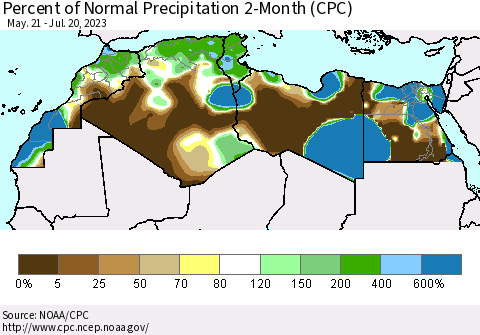 North Africa Percent of Normal Precipitation 2-Month (CPC) Thematic Map For 5/21/2023 - 7/20/2023