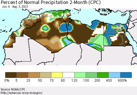 North Africa Percent of Normal Precipitation 2-Month (CPC) Thematic Map For 6/6/2023 - 8/5/2023