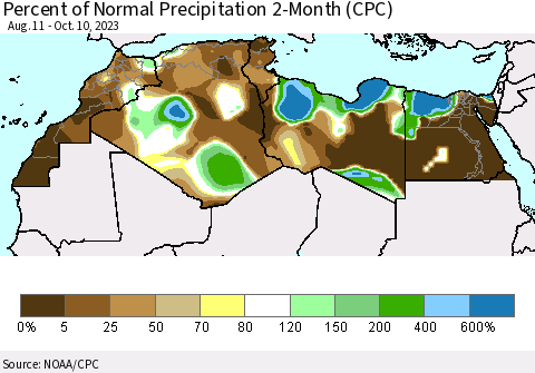 North Africa Percent of Normal Precipitation 2-Month (CPC) Thematic Map For 8/11/2023 - 10/10/2023