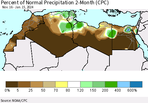 North Africa Percent of Normal Precipitation 2-Month (CPC) Thematic Map For 11/16/2023 - 1/15/2024