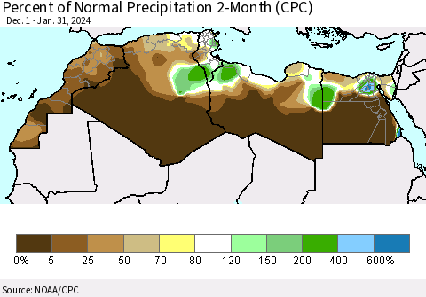 North Africa Percent of Normal Precipitation 2-Month (CPC) Thematic Map For 12/1/2023 - 1/31/2024