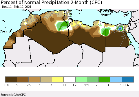 North Africa Percent of Normal Precipitation 2-Month (CPC) Thematic Map For 12/11/2023 - 2/10/2024