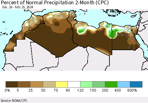 North Africa Percent of Normal Precipitation 2-Month (CPC) Thematic Map For 12/26/2023 - 2/25/2024