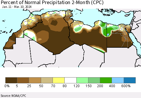 North Africa Percent of Normal Precipitation 2-Month (CPC) Thematic Map For 1/11/2024 - 3/10/2024
