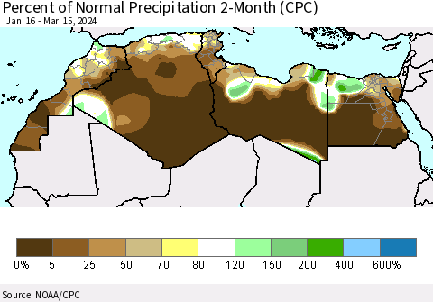 North Africa Percent of Normal Precipitation 2-Month (CPC) Thematic Map For 1/16/2024 - 3/15/2024