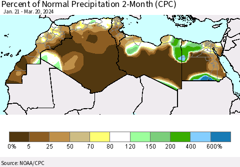 North Africa Percent of Normal Precipitation 2-Month (CPC) Thematic Map For 1/21/2024 - 3/20/2024