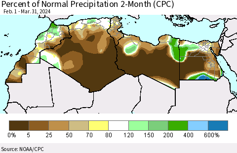 North Africa Percent of Normal Precipitation 2-Month (CPC) Thematic Map For 2/1/2024 - 3/31/2024