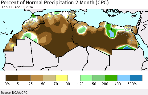 North Africa Percent of Normal Precipitation 2-Month (CPC) Thematic Map For 2/11/2024 - 4/10/2024