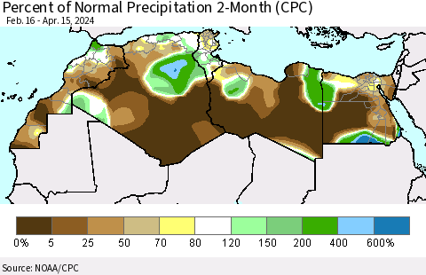 North Africa Percent of Normal Precipitation 2-Month (CPC) Thematic Map For 2/16/2024 - 4/15/2024