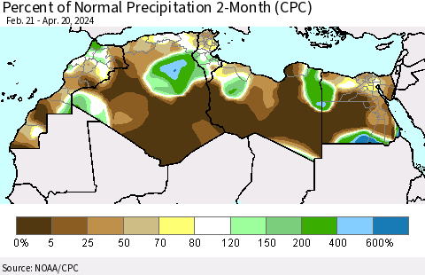North Africa Percent of Normal Precipitation 2-Month (CPC) Thematic Map For 2/21/2024 - 4/20/2024