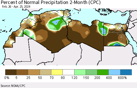 North Africa Percent of Normal Precipitation 2-Month (CPC) Thematic Map For 2/26/2024 - 4/25/2024