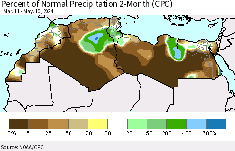 North Africa Percent of Normal Precipitation 2-Month (CPC) Thematic Map For 3/11/2024 - 5/10/2024