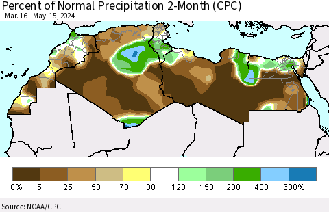 North Africa Percent of Normal Precipitation 2-Month (CPC) Thematic Map For 3/16/2024 - 5/15/2024