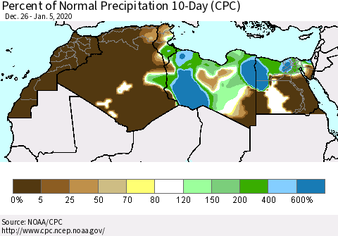 North Africa Percent of Normal Precipitation 10-Day (CPC) Thematic Map For 12/26/2019 - 1/5/2020