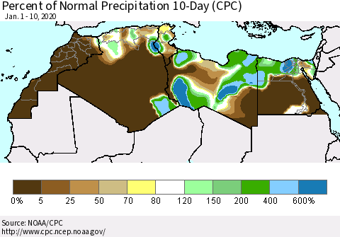 North Africa Percent of Normal Precipitation 10-Day (CPC) Thematic Map For 1/1/2020 - 1/10/2020