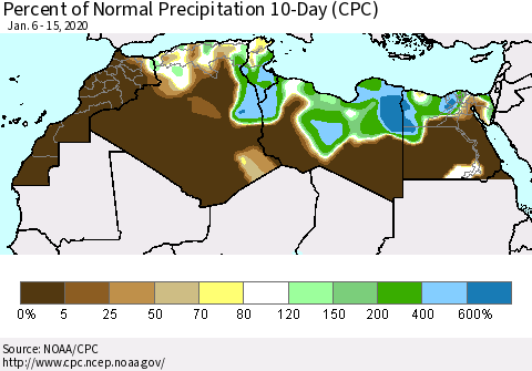 North Africa Percent of Normal Precipitation 10-Day (CPC) Thematic Map For 1/6/2020 - 1/15/2020