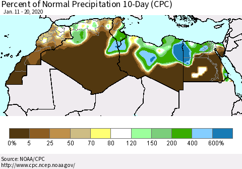 North Africa Percent of Normal Precipitation 10-Day (CPC) Thematic Map For 1/11/2020 - 1/20/2020