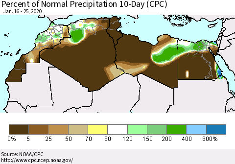 North Africa Percent of Normal Precipitation 10-Day (CPC) Thematic Map For 1/16/2020 - 1/25/2020