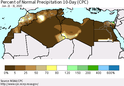 North Africa Percent of Normal Precipitation 10-Day (CPC) Thematic Map For 1/21/2020 - 1/31/2020