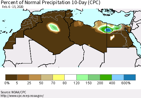 North Africa Percent of Normal Precipitation 10-Day (CPC) Thematic Map For 2/6/2020 - 2/15/2020
