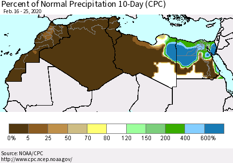 North Africa Percent of Normal Precipitation 10-Day (CPC) Thematic Map For 2/16/2020 - 2/25/2020
