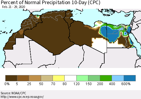 North Africa Percent of Normal Precipitation 10-Day (CPC) Thematic Map For 2/21/2020 - 2/29/2020