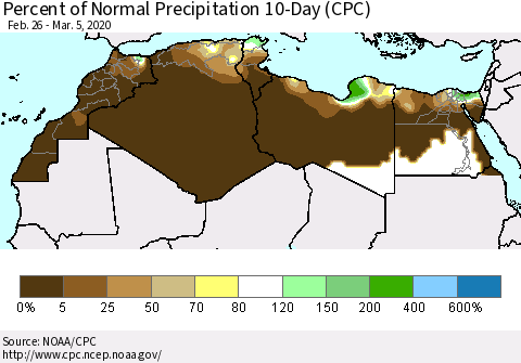 North Africa Percent of Normal Precipitation 10-Day (CPC) Thematic Map For 2/26/2020 - 3/5/2020