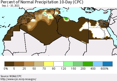 North Africa Percent of Normal Precipitation 10-Day (CPC) Thematic Map For 9/1/2021 - 9/10/2021