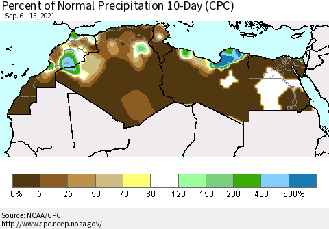 North Africa Percent of Normal Precipitation 10-Day (CPC) Thematic Map For 9/6/2021 - 9/15/2021