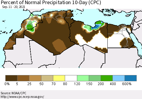 North Africa Percent of Normal Precipitation 10-Day (CPC) Thematic Map For 9/11/2021 - 9/20/2021