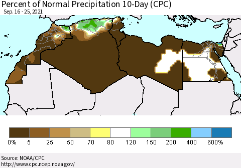 North Africa Percent of Normal Precipitation 10-Day (CPC) Thematic Map For 9/16/2021 - 9/25/2021