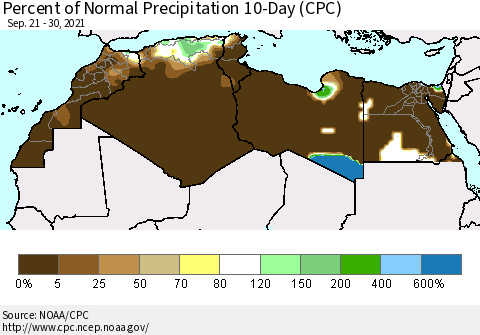 North Africa Percent of Normal Precipitation 10-Day (CPC) Thematic Map For 9/21/2021 - 9/30/2021