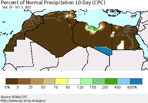 North Africa Percent of Normal Precipitation 10-Day (CPC) Thematic Map For 9/26/2021 - 10/5/2021