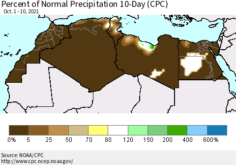 North Africa Percent of Normal Precipitation 10-Day (CPC) Thematic Map For 10/1/2021 - 10/10/2021