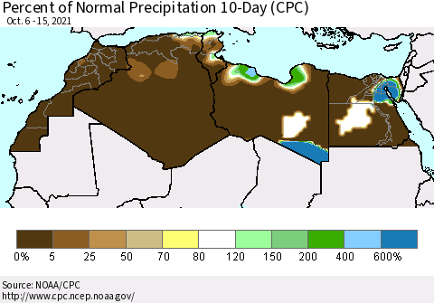 North Africa Percent of Normal Precipitation 10-Day (CPC) Thematic Map For 10/6/2021 - 10/15/2021