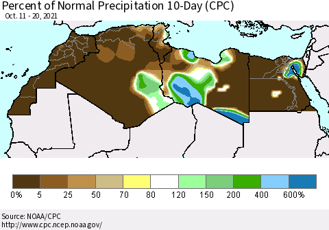 North Africa Percent of Normal Precipitation 10-Day (CPC) Thematic Map For 10/11/2021 - 10/20/2021