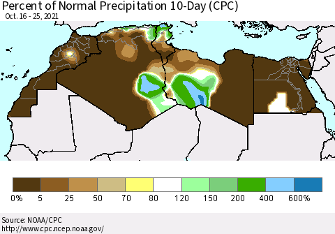 North Africa Percent of Normal Precipitation 10-Day (CPC) Thematic Map For 10/16/2021 - 10/25/2021