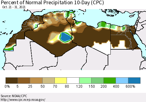 North Africa Percent of Normal Precipitation 10-Day (CPC) Thematic Map For 10/21/2021 - 10/31/2021