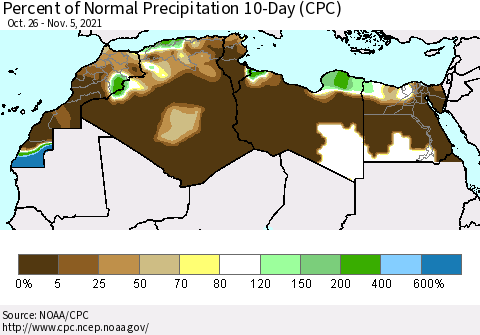 North Africa Percent of Normal Precipitation 10-Day (CPC) Thematic Map For 10/26/2021 - 11/5/2021