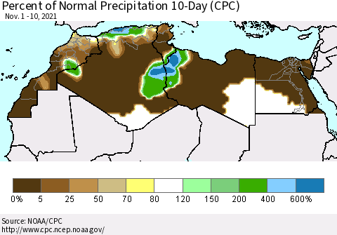North Africa Percent of Normal Precipitation 10-Day (CPC) Thematic Map For 11/1/2021 - 11/10/2021