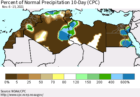 North Africa Percent of Normal Precipitation 10-Day (CPC) Thematic Map For 11/6/2021 - 11/15/2021