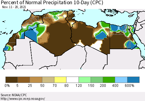 North Africa Percent of Normal Precipitation 10-Day (CPC) Thematic Map For 11/11/2021 - 11/20/2021