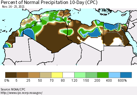 North Africa Percent of Normal Precipitation 10-Day (CPC) Thematic Map For 11/16/2021 - 11/25/2021