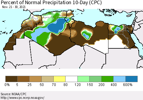 North Africa Percent of Normal Precipitation 10-Day (CPC) Thematic Map For 11/21/2021 - 11/30/2021